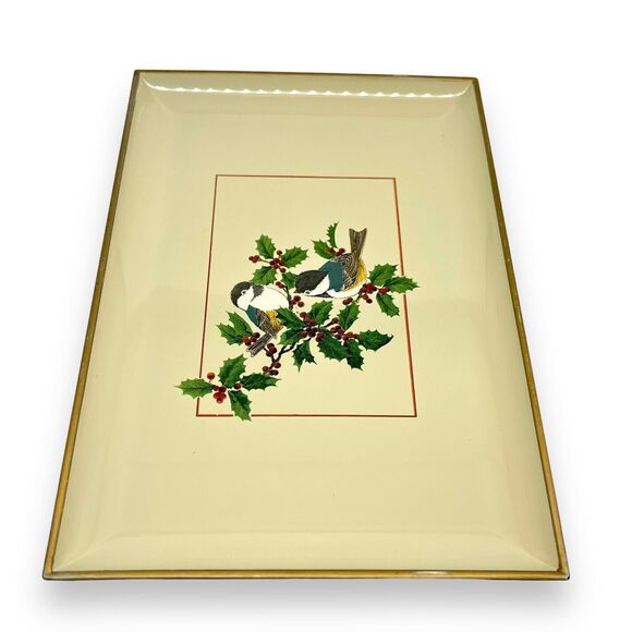 Vintage Otagiri Japan Lacquerware Tray Chickadees on Holly Christmas Bird 8.5x6” - Picture 6 of 12